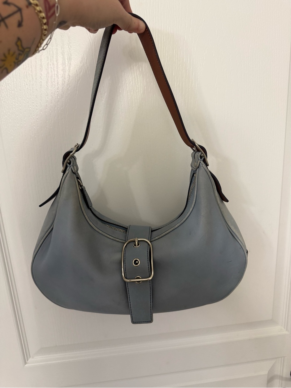 Vintage Coach Light Blue Leather Hamptons Hobo Bag with Silver Buckle